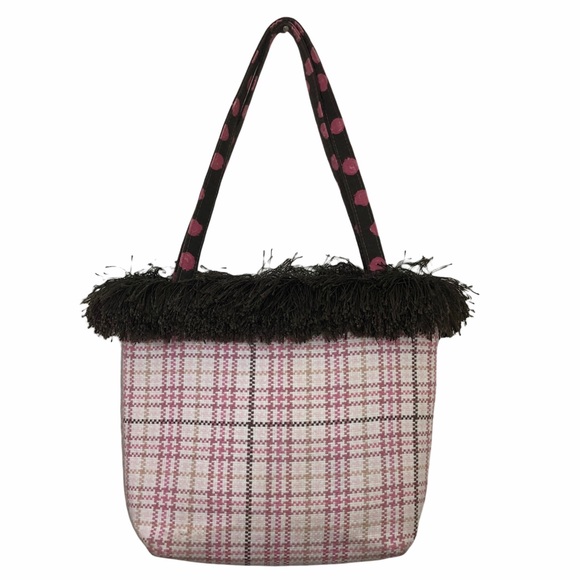 Bagalitas By Janice Pink Plaid Purse Hand Bad Brown Trim Eclectic Spring - Picture 2 of 10